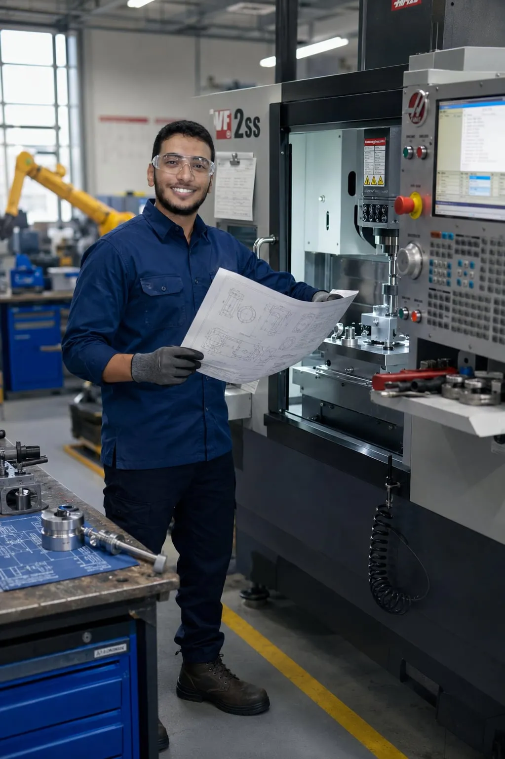 Houssem Saadaoui holding a technical drawing beside a CNC machining center in a workshop