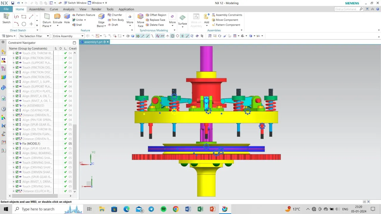 Side elevation — spring, toggle lever, and pressure plate stack