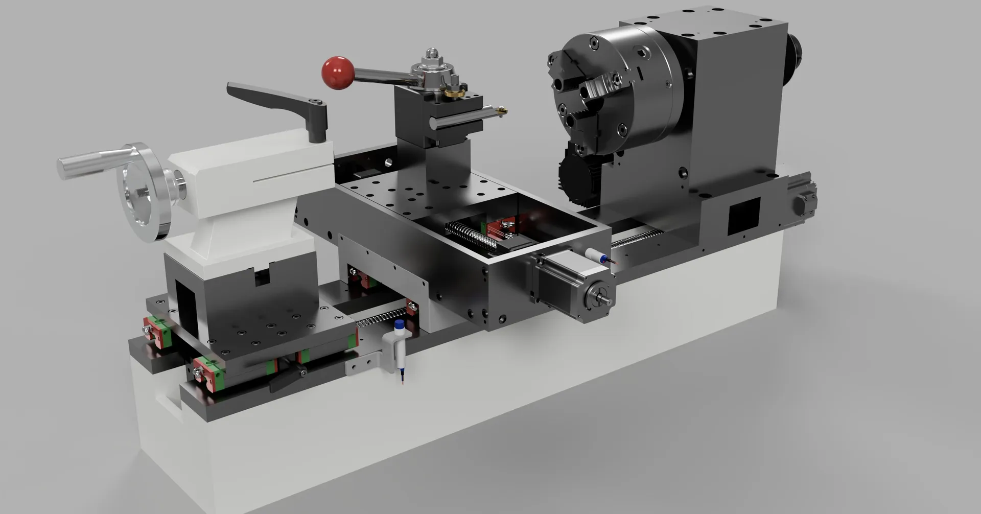Carriage and tool post, with the spindle drivetrain in the background