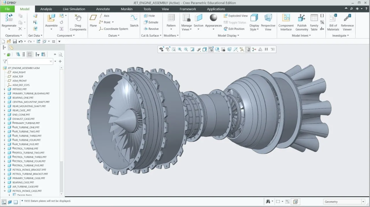 Fully assembled engine, front rotor stage in section